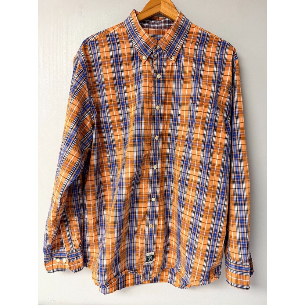 IZOD Heritage Tartan Men's Large Orange Blue Plaid Cotton Button-Down Shirt